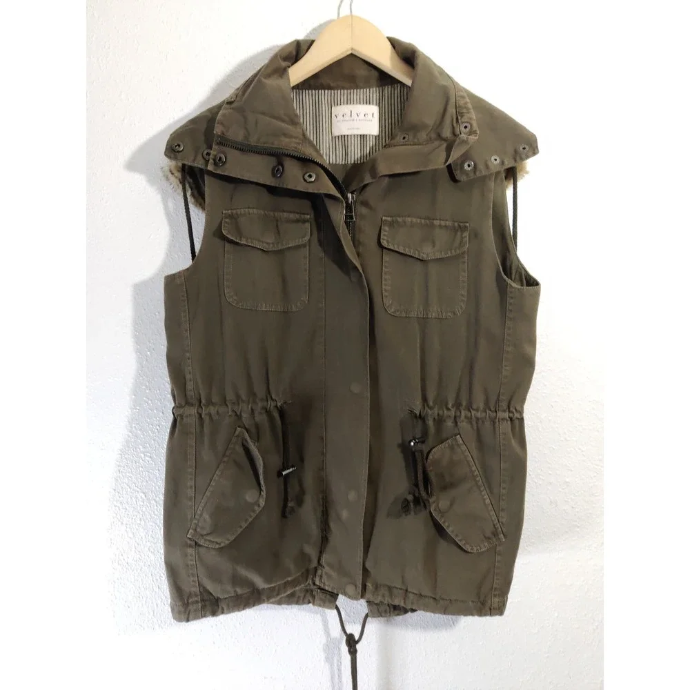 3/$20 Velvet By Graham Spencer Womens Green Fur Hoodie Full Zip Utility Vest S - Picture 2 of 12